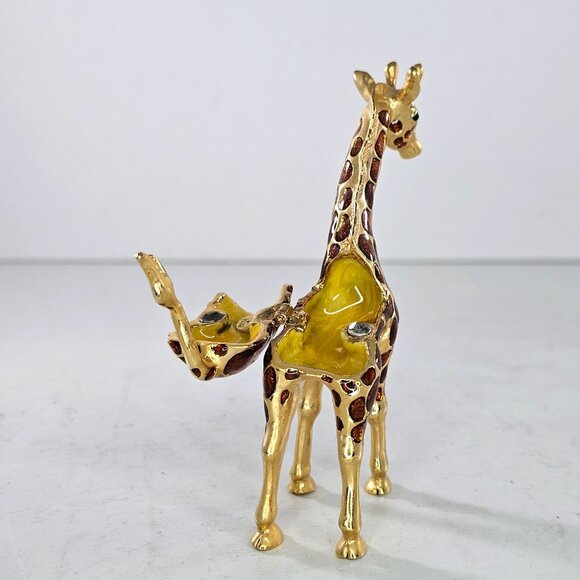 Vintage Giraffe Hinged Trinket Box Metal Enameled Green Rhinestone Eyes - Picture 5 of 9